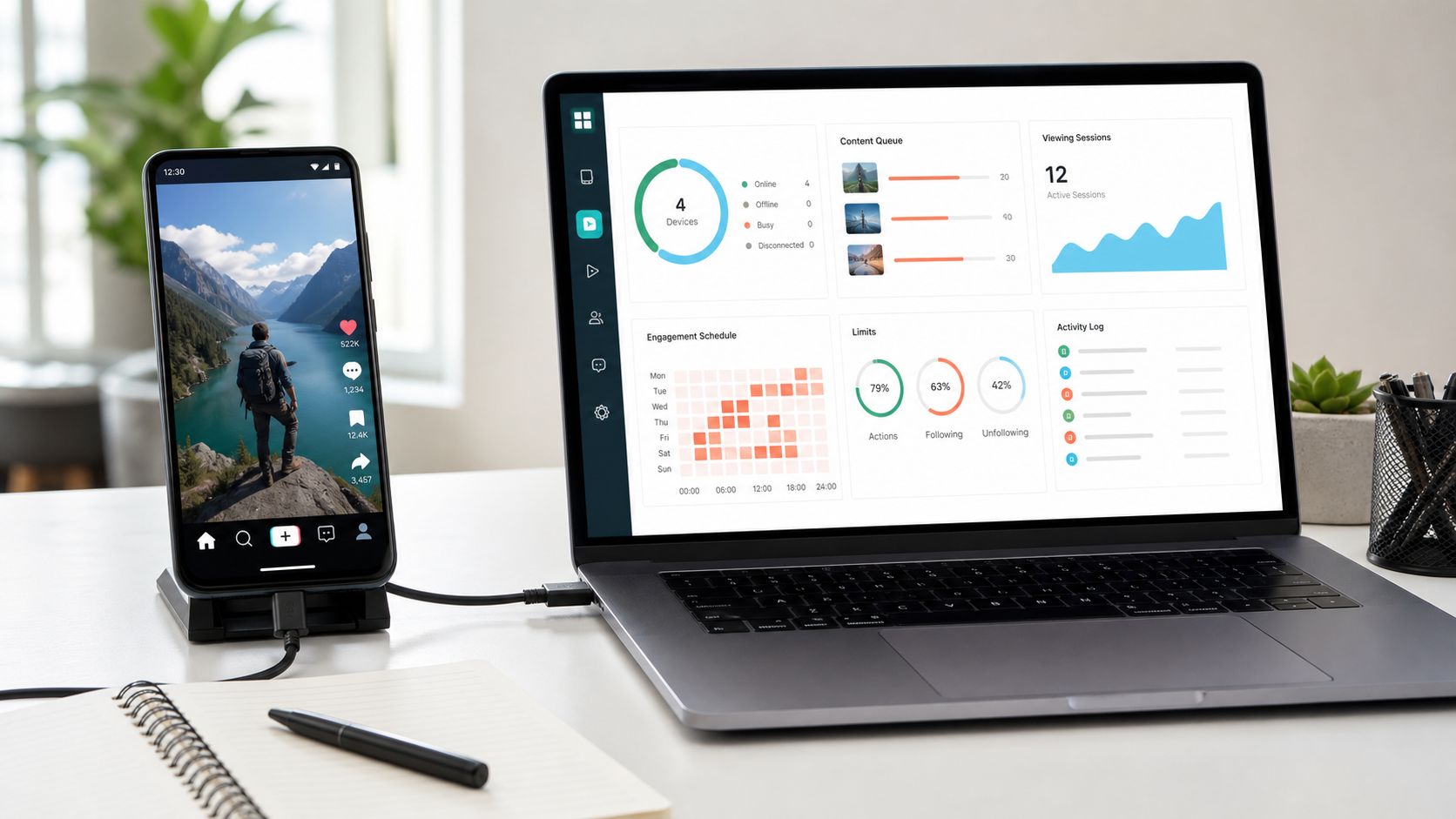 Android phone connected to a laptop dashboard for TikTok phone automation
